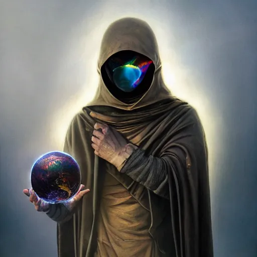 Image similar to masked nomad male wearing a cloak on an alien world and holding a holographic planet projection in his hand, detailed, sci - fi, digital painting, artstation, sharp focus, illustration, ominous, artgerm, tomasz alen kopera, peter mohrbacher, donato giancola, joseph christian leyendecker, wlop, frank frazetta