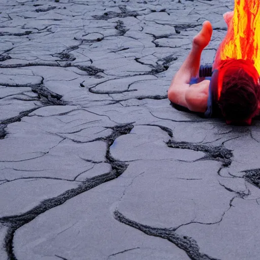 Image similar to film still of the tv show the floor is lava, but with real lava. person sinking into lava, 4 k.