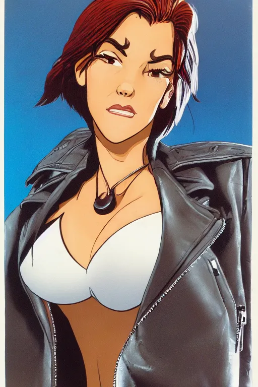 Image similar to portrait of an attractive young female protagonist, center focus, wearing leather jacket, in city street, detailed face, artwork by ralph bakshi