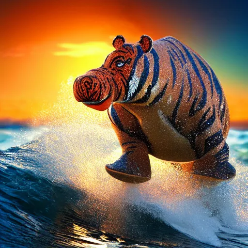 Image similar to a closeup photorealistic photograph of a cute smiling knitted tiger hippopotamus riding a wave at sunset. surf in background. professional capture. brightly lit scene. this 4 k hd image is trending on artstation, featured on behance, well - rendered, extra crisp, features intricate detail, epic composition and the style of unreal engine.