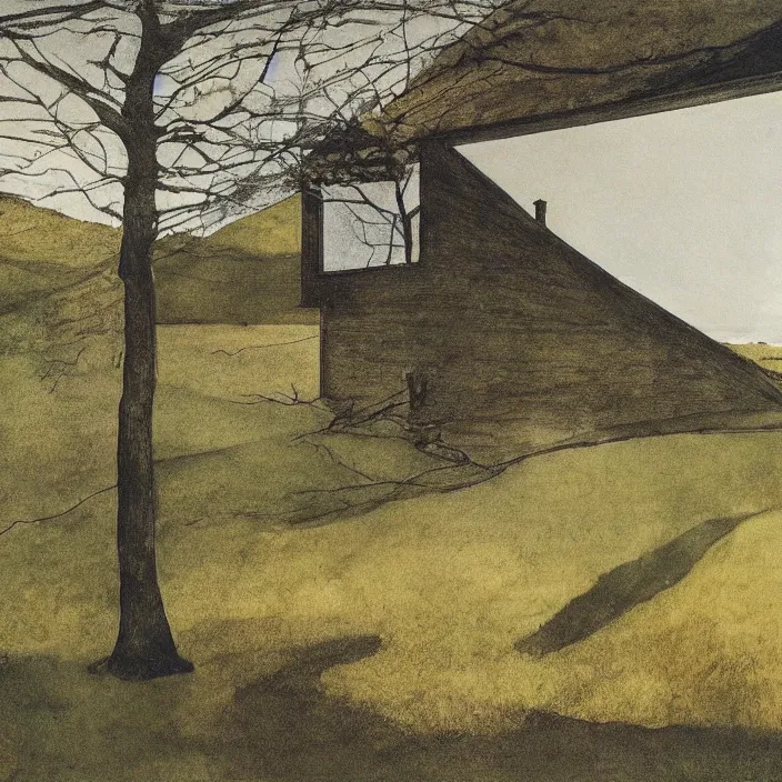 Image similar to a building in a landscape, by andrew wyeth