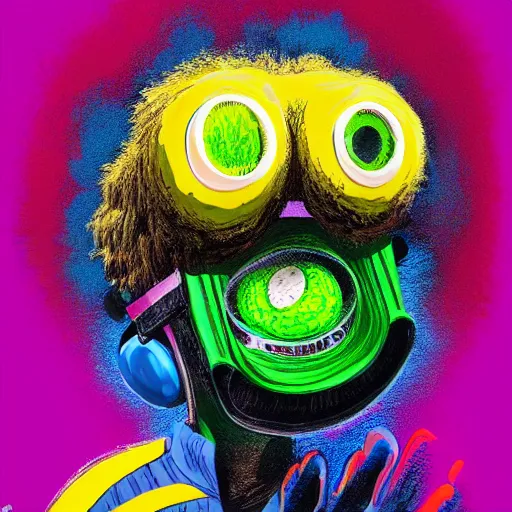 Prompt: a tennis ball monster, VR Goggles, VR Glasses, virtual reality, tennis ball, urban, hip hop, rap, colorful, digital art, fantasy, magic, trending on artstation, ultra detailed, professional illustration by Basil Gogos