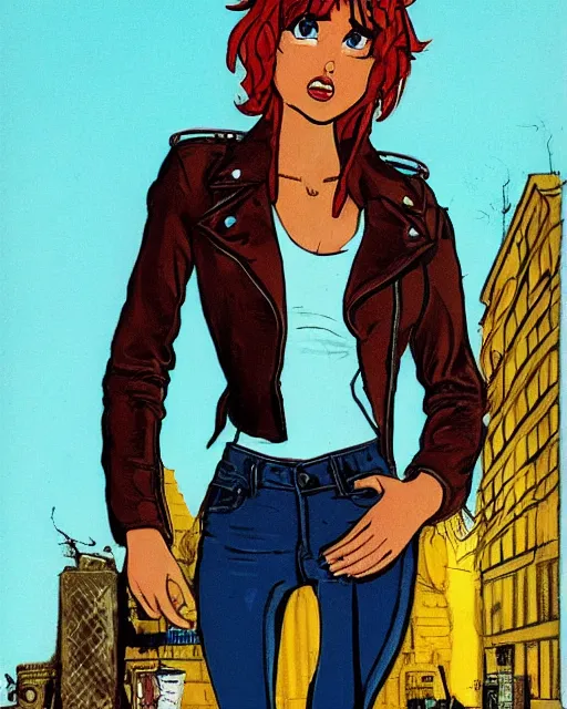 Image similar to young female protagonist in leather jacket, city street, artwork by ralph bakshi