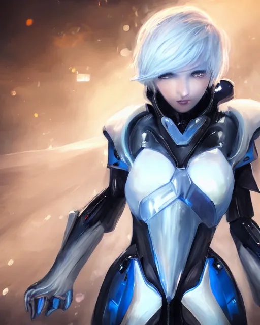 Image similar to perfect white haired girl, warframe armor, beautiful, dreamy, pretty face, blue cyborg eyes, portrait, bright light, scifi, emotional, utopian architecture in the background, laboratory, 4 k, high definition, ultra realistic, aura of light, cinematic, highly detailed, masterpiece, art by akihito tsukushi, akasuki brightmind