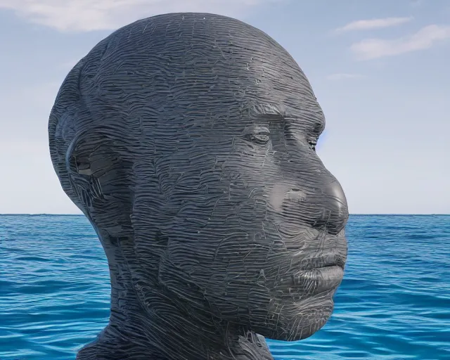 Image similar to a giant sculpture made out of of inflatable pool toys in a human head shape, on the surface of the ocean, in the style of chad knight, long shot, hyper detailed, hyper realistic, ray tracing, 8 k resolution, sharp focus, realistic water, award winning sculpture