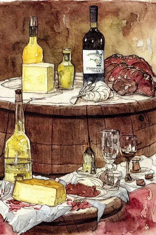 Image similar to pork, meat, schnapps, wine, cheese, candle on a barrel in a cellar, watercolor painting by anderz zorn and carl larsson