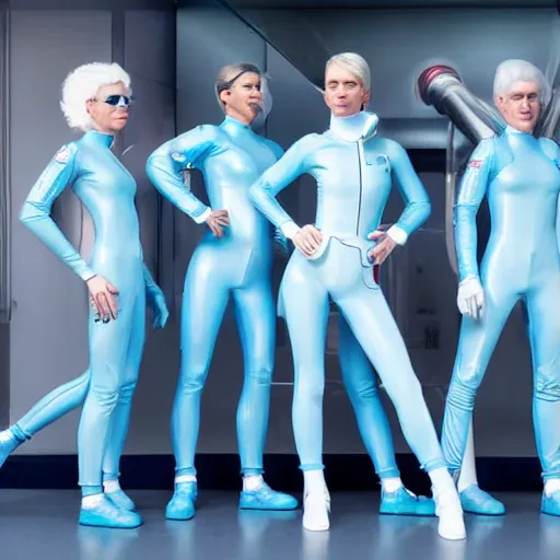 Image similar to troop of athletic humans with white hair wearing tight light blue latex suits, in formation, futuristic chemistry lab, sci - fi, highly detailed, hyperrealistic