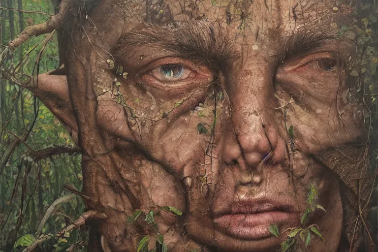 Image similar to face in the woods by oleh shupliak, surreal oil painting, highly detailed, symmetry, masterpiece