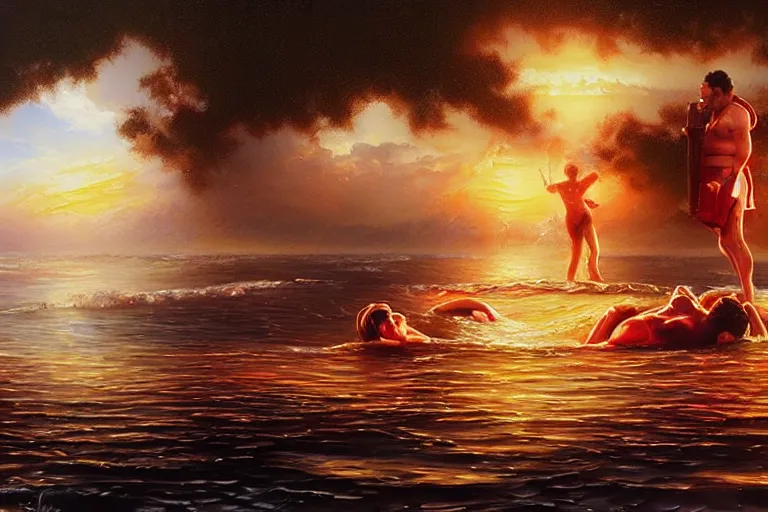 Image similar to tom hanks swimming in lasagna, meg ryan life guard, an oil painting by ross tran and thomas kincade