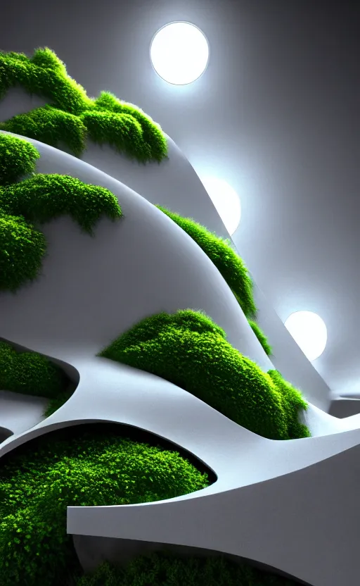 Prompt: highly detailed ultra sharp 3 d render cinematic composition of a smooth ceramic porcelain magnolia stone nebula biomorphic fluid fractal sci - fi surreal architecture landscape, metallic, white marble, foliage moss, vincent callebaut composition, mamou - mani, archviz, beautiful lighting, 8 k, unreal engine, hdr,