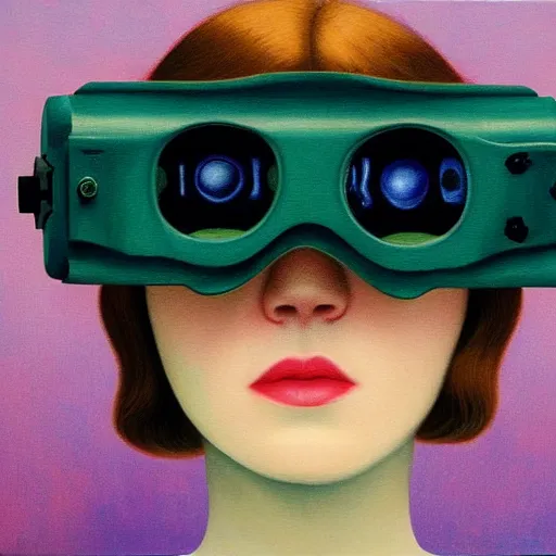 Image similar to Elle Fanning wearing night vision goggles detailed painting by rene magritte