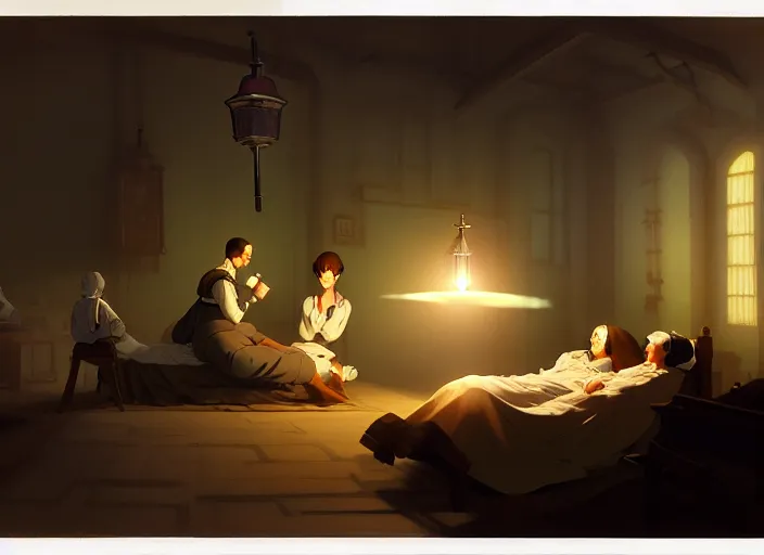 Image similar to 1 8 5 5 crimea, army hospital at night, patients sleeping, florence nightingale holding lamp, visiting the soldiers to make sure they were comfortable, wounded patients, finely detailed perfect art, painted by greg rutkowski makoto shinkai takashi takeuchi studio ghibli