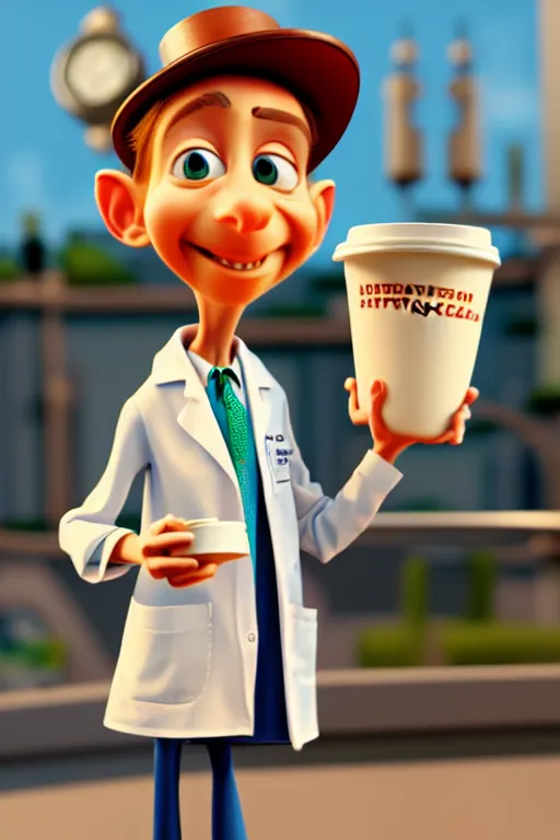 Image similar to portrait of the crazy doctor holding a cup of coffee, hospital in background, full body. pixar disney 4 k 3 d render funny animation movie oscar winning trending on artstation and behance. ratatouille style.