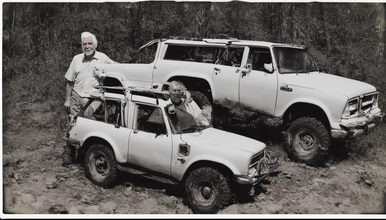 Prompt: old, scratched polaroid picture of old white haired man posing near his extremely lifted offroad suv very detailed, 8 k