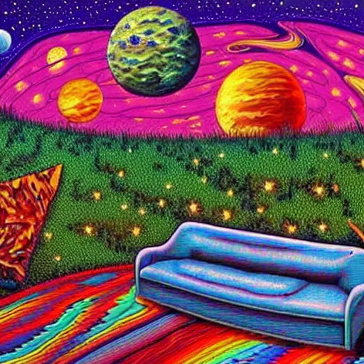 Image similar to psychedelic trippy couch in forest, planets, milky way, sofa, cartoon by rob gonsalves