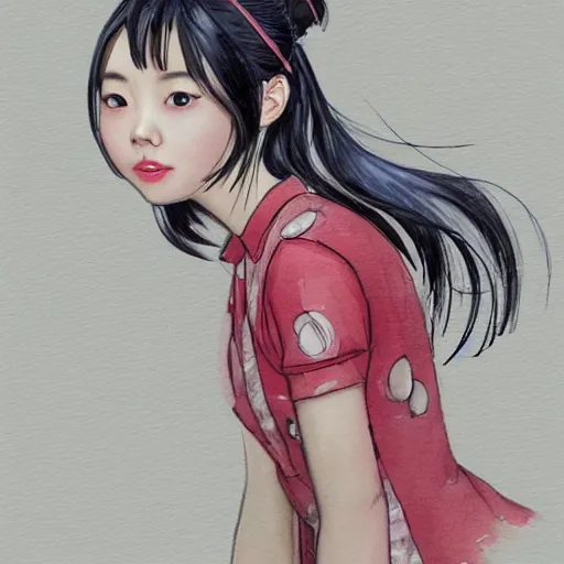 Image similar to a perfect, realistic professional digital sketch of a Chinese schoolgirl posing, in style of Marvel, full length, by pen and watercolor, by a professional American senior artist on ArtStation, a high-quality hollywood-style sketch, on high-quality paper