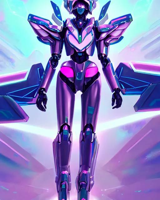 Image similar to uncropped iridescent feminine mecha ( with futuristic jet armor and wings ) with a heart visor helmet, symphogear, full body character portrait, hi - tech, trending on artstation, hot pink armor, digital painting, concept art, sharp focus, illustration, art by wlop and greg rutkowski