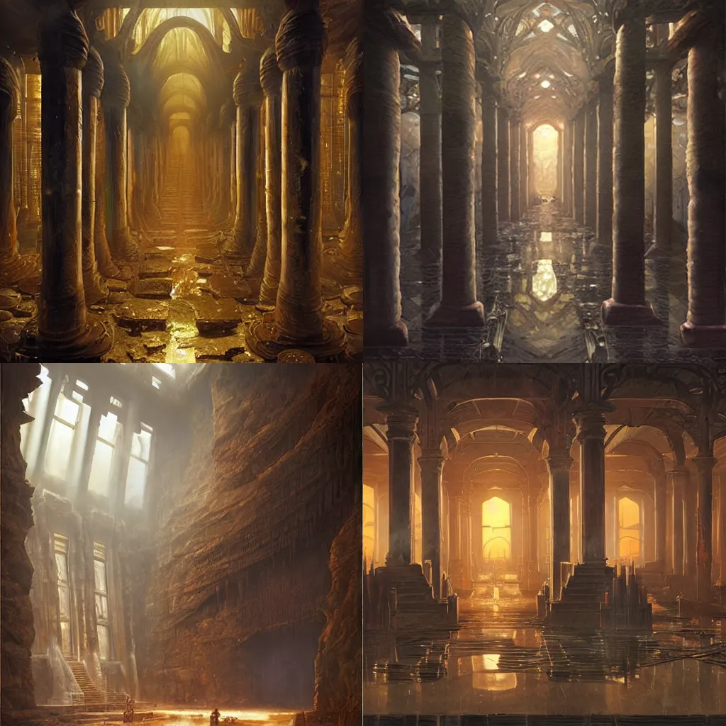 Prompt: inside of an obsidian temple, dim interior, shiny crystalline columns, reflecting ambient light, by christophe vacher and bastien lecouffe-deharme