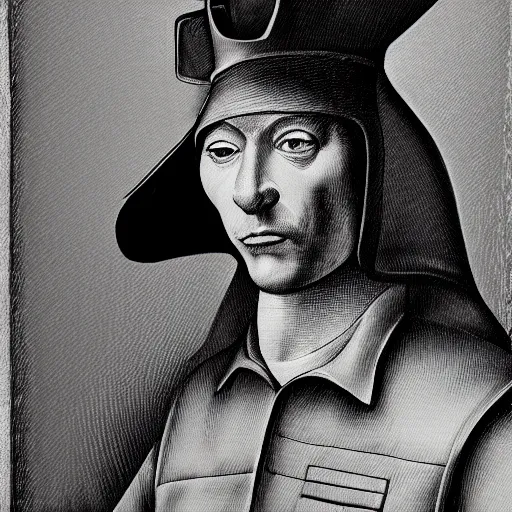 Image similar to hyperrealistic, ultra detailed, realistic render of a police officer in the style of hieronymos bosch