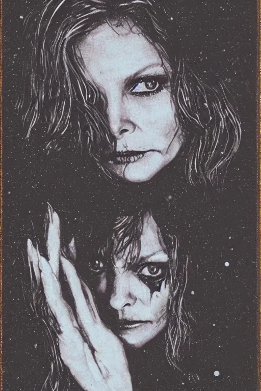 Image similar to michelle pfeiffer 1 9 8 0 s vhs tape cover, “ unico indizio la luna piena ”, atmospheric, realism, hand drawn, horror, grimy, in the woods, highly detailed, high octane render, hd, spooky moon and fog, in the style of enzo sciotti