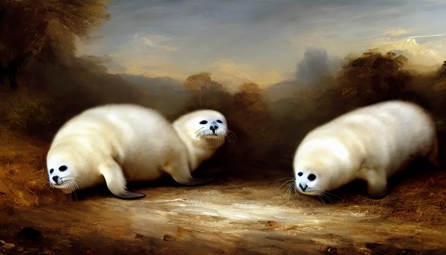 Prompt: highly detailed painting of cute furry white baby seals driving a car by william turner, by greg rutkowski, by william constable, thick brush strokes and visible paint layers, 4 k resolution