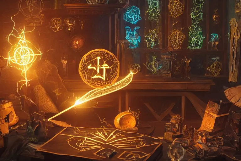 Image similar to A skilled sorcerer in their study, drawing glowing magic runic symbols in the air, enchanting objects with glyph magic, D&D fantasy setting, 4k