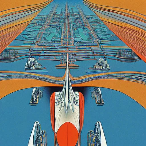 Prompt: A bird's-eye view futurism by jean giraud detailed illustration