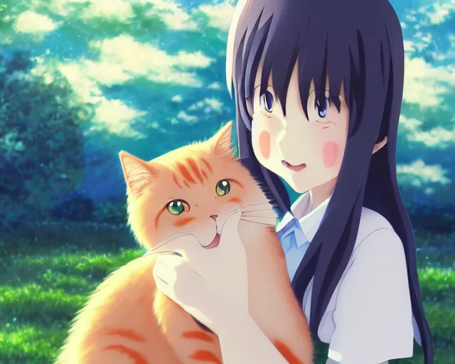 Image similar to anime fine details portrait of joyful girl hugging cat in school, bokeh. anime masterpiece by Studio Ghibli. 8k render, sharp high quality anime illustration in style of Ghibli, artstation