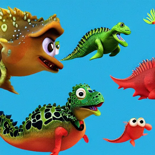 Prompt: aquatic baby fish dinosaurs rendered by pixar
