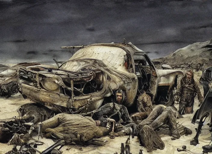 Image similar to mad max fury road, painting by andrew wyeth, very detailed, somber mood,