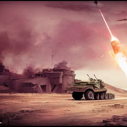 Prompt: Watermelon as military vehicle with epic weapons, launching rockets on a battlefield, russian city as background. Concept digital art in style of Caspar David Friedrich, Less watermelon a bit more military vehicle,unreal engine 5, artstationHD, 4k, 8k, 3d render, 3d Houdini, cinema 4d, octane epic RTX dimensional dramatic light