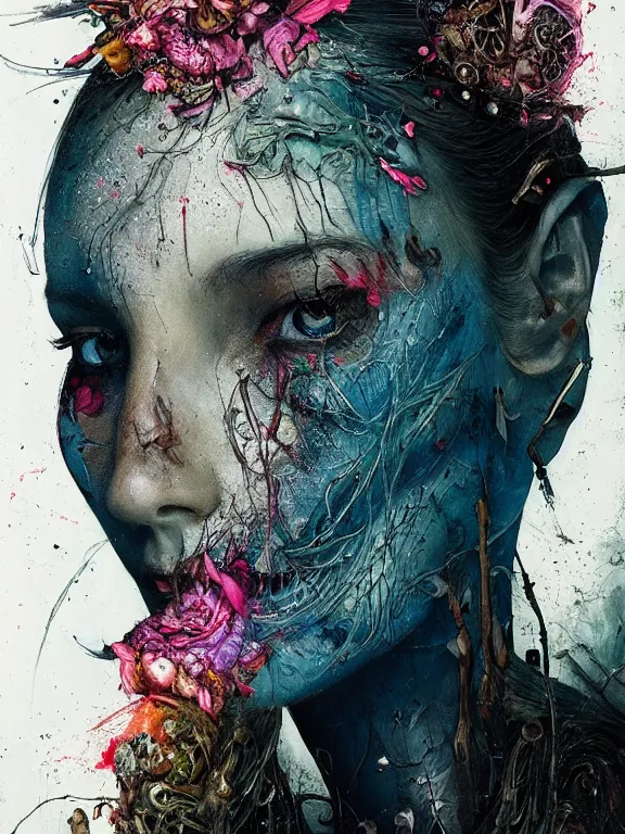 Prompt: art portrait of a decaying flower ,8k,by tristan eaton,Stanley Artgermm,Tom Bagshaw,Greg Rutkowski,Carne Griffiths, Ayami Kojima, Beksinski, Giger,trending on DeviantArt,face enhance,hyper detailed,minimalist,cybernetic, android, blade runner,full of colour,