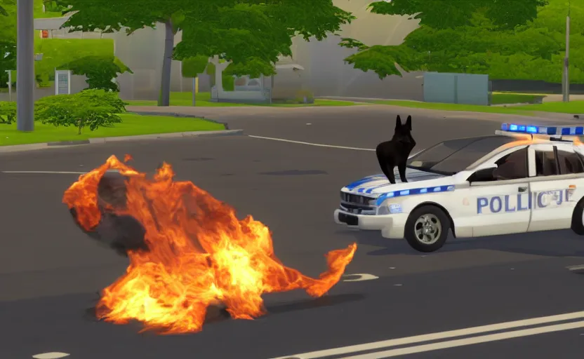 Prompt: a shiba inu watches a police car burn in the sims