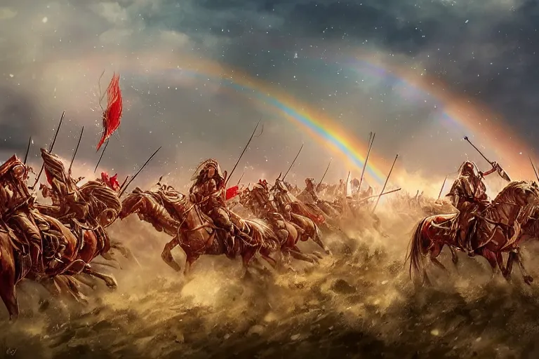 Image similar to Majestic powerfull red white Winged Hussars cavalry horde charging at ugly rainbow demons and trolls on ground, huge golden cross above them on the sky, white red eagle helping hussars, blood, snow, wide angle, professional kodak lenses, magic, fire, face painting, dramatic lighting, intricate, wild, highly detailed, digital painting, artstation, concept art, smooth, sharp focus, illustration, art by artgerm and greg rutkowski and alphonse mucha, footage from space camera