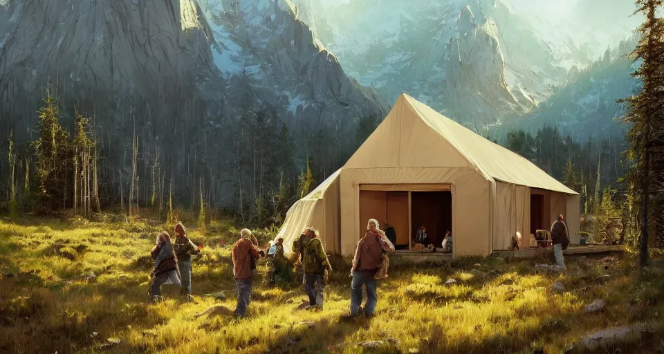 Image similar to cabela's beautiful comfortable community of modular insulated wall container home kit - house all weather family dwelling tent house, person in foreground, mountainous forested wilderness open fields, beautiful views, painterly concept art, environmental concept art, concept art illustration, by james gurney, by craig mullins, by greg rutkowski trending on artstation