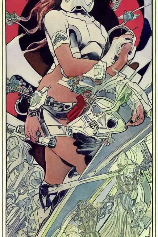 Image similar to female in white bikini with tattoos and stormtrooper helmet, well composed, clean elegant painting, beautiful detailed face. comic book art by steve ditko and jack kirby and ( alphonse mucha )