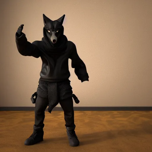 Prompt: Wolf dressed black hoodie, as a figurine, octane render, unreal engine, 3D rendering, studio, light, artstation