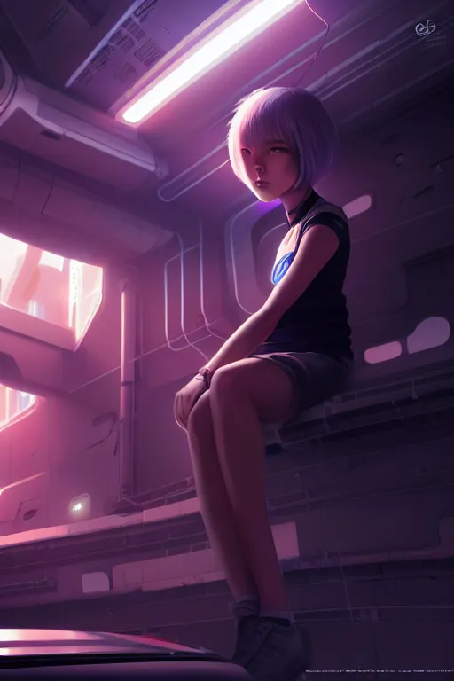 Image similar to a young, slender girl, girl in spaceship, engineering bay, photo realistic, dynamic lighting, artstation, poster, volumetric lighting, 4 k, award winning, a detailed painting by ross tran hyperdetalized, anime | 2 d game art | official art, smooth, cyberpunk, tech