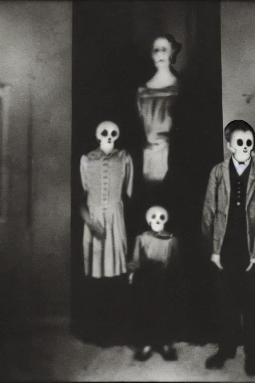 Image similar to an unsettling old family photograph, anxious people standing in a large haunted house, phantom ghosts in the background, cinematic, horror, photorealistic, vintage,