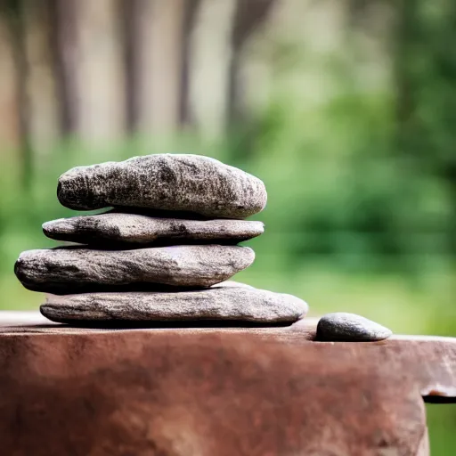 Prompt: Pile of rocks on a wooden red table