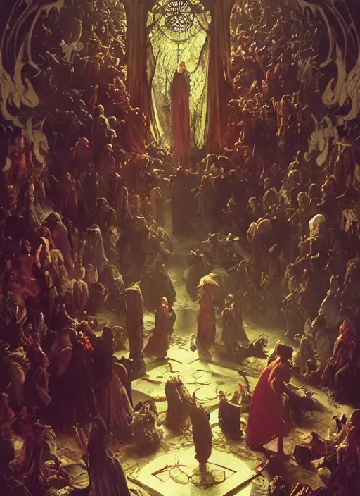 Image similar to hyperdetailed demonic crowd inside huge covens den, intricate wiccan scene detailing, photorealistic hell, art by john collier, albert aublet, krenz cushart, artem demura, alphonse mucha, diffuse lighting, artstation, smooth, textless, sharp focus,