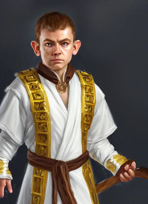 Image similar to symmetry!! oil painting digital art dungeons & dragons facial portrait of a caucasian halfling male cleric, with a ponytail, white robe with gold accents, white and brown robe with gold accents, necklace of a footprint, elegant, highly detailed, digital painting, artstation, concept art, sharp focus, illustration