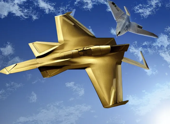 Prompt: a 3 d scene of a golden f - 2 2 raptor with swan wings with ornate rococo patterns flying over an enchanted forest