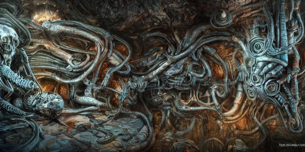 Image similar to dreamscape, giger, vivid colors, anatomical, highly detailed sculpture, intricate detailed, ommatidia, 8 k, cinematic atmosphere, post - processing