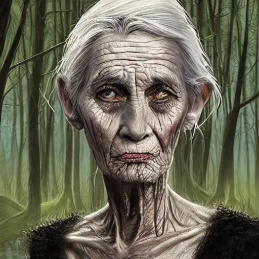 Image similar to fantasy portrait of an emaciated yet energetic old woman with silky, cloudy grey hair, black scars on her face, swamp vegetation in the background, nocturnal palette, art by greg rutowski, raphael lacoste, eddie mendoza