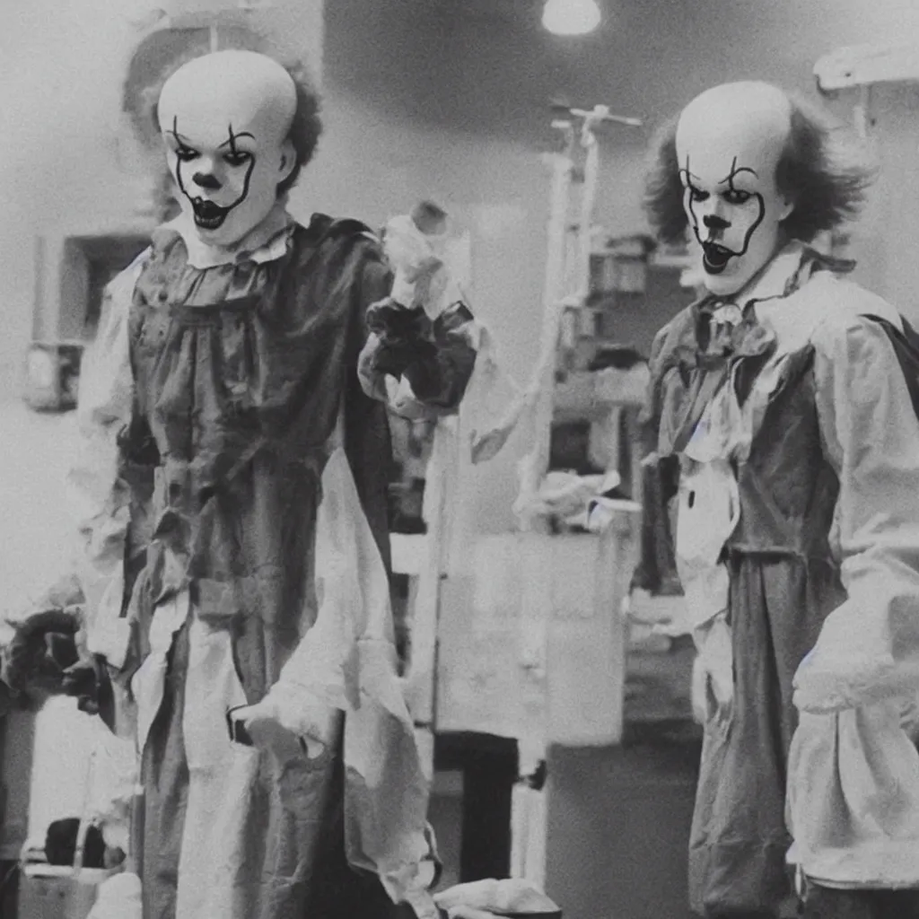 Image similar to a photograph of pennywise dressed as a doctor at a hospital