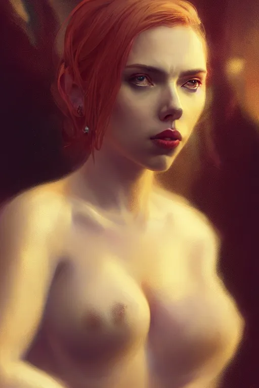 Prompt: a portrait of a very attractive succubi Scarlett Johansson by Greg Rutkowski, Sung Choi, Mitchell Mohrhauser, Maciej Kuciara, Johnson Ting, Maxim Verehin, Peter Konig, final fantasy , mythical, 8k photorealistic, cinematic lighting, HD, high details, atmospheric,