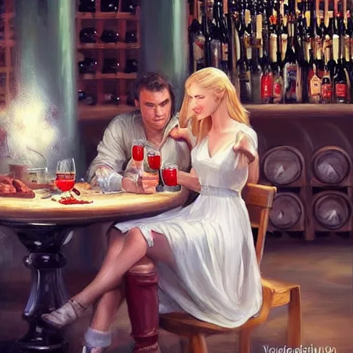 Image similar to (Boba Fett) and a beautiful young blonde drinking beer in a wine cellar, food, meat, schnapps, torches on the wall, romantic, inviting, cozy, painting by Vladimir Volegov