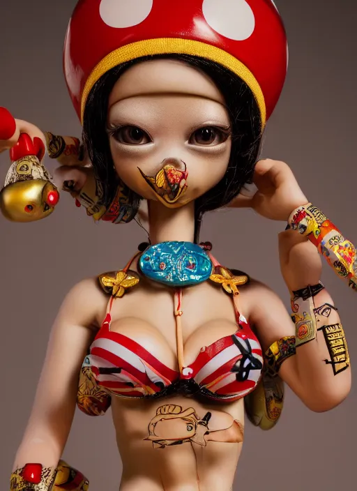 Prompt: closeup of a tin toy bikini girl, depth of field, zeiss lens, detailed, symmetrical, centered, fashion photoshoot, by nicoletta ceccoli, mark ryden, lostfish, earl nore, hyung tae, frank frazetta, breathtaking, 8 k resolution, extremely detailed, beautiful, establishing shot, artistic, hyperrealistic, octane render