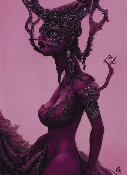 Image similar to portrait of princess of the dreamlands and moon beast, beautiful! coherent! by brom, deep colors, red maroon purple pink black, strong lines, rule of thirds